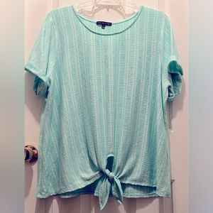 Always Indigo Womens Plus Size 3X Short Sleeve Tie Front Knit Top Mint & White